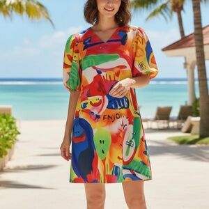 # A288 Nancy Dopamine Dressing Colorful Puff Sleeve Mini Dress NWT S